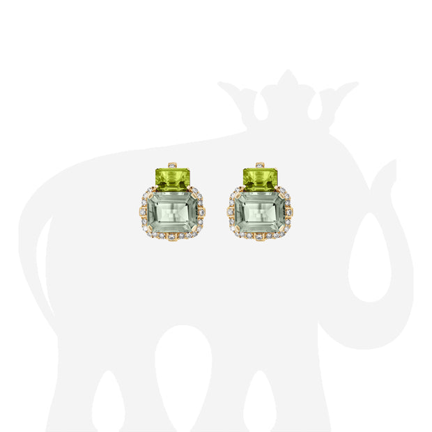 2 Stone Prasiolite and Peridot Earrings with Diamonds
