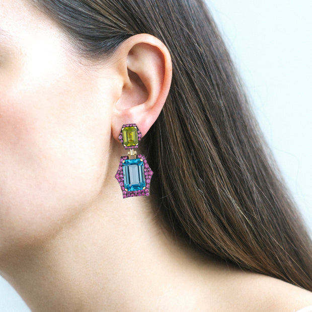 Blue Topaz, Peridot & Pink Sapphire Earrings