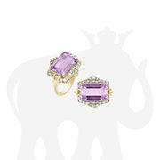 Emerald Cut Lavender Amethyst, Citrine & Rock Crystal with Diamonds Ring