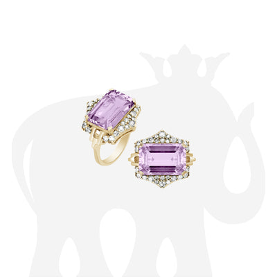 Emerald Cut Lavender Amethyst, Citrine & Rock Crystal with Diamonds Ring