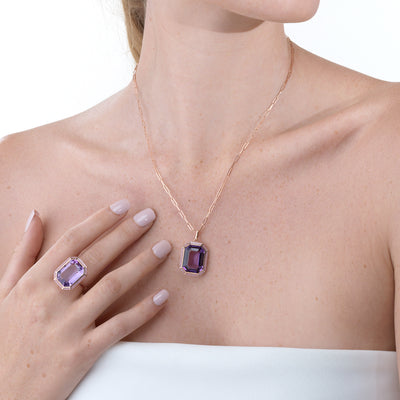 Amethyst with Pink Opal & Turquoise Inlay Emerald Cut Pendant