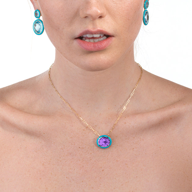Oval Amethyst with Pink Opal & Turquoise Inlay Pendant