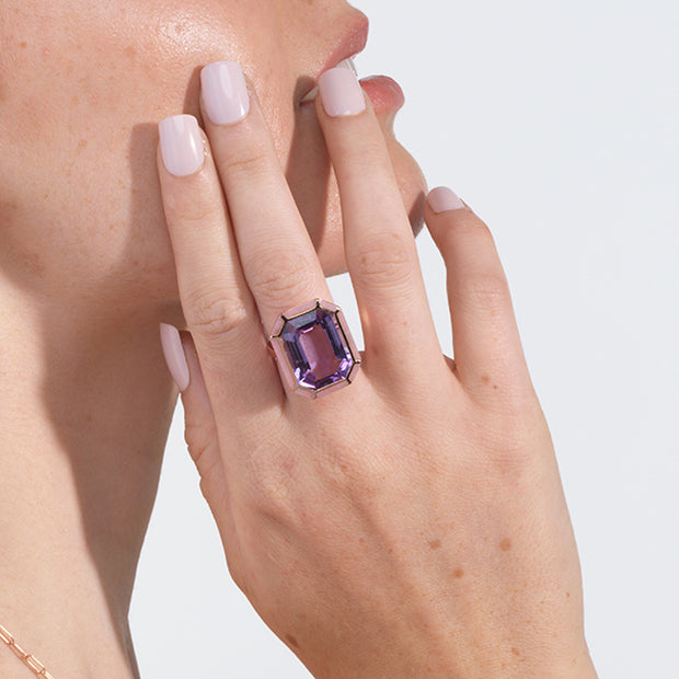Amethyst with Pink Opal & Turquoise Inlay Emerald Cut Ring