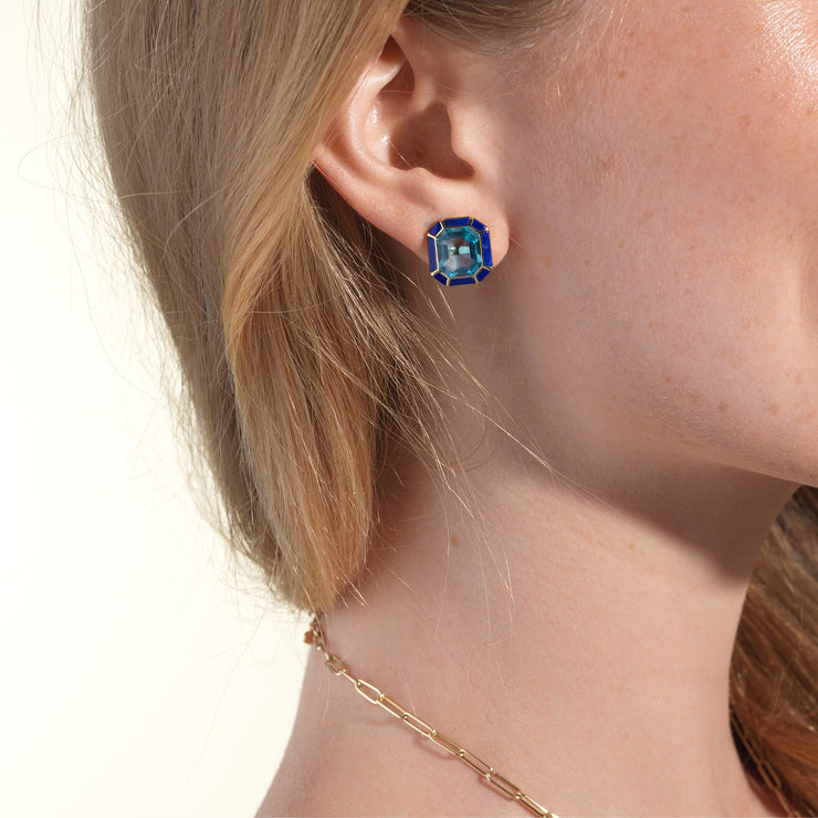 Blue Topaz with Lapis Lazuli & Turquoise Inlay Stud Earrings