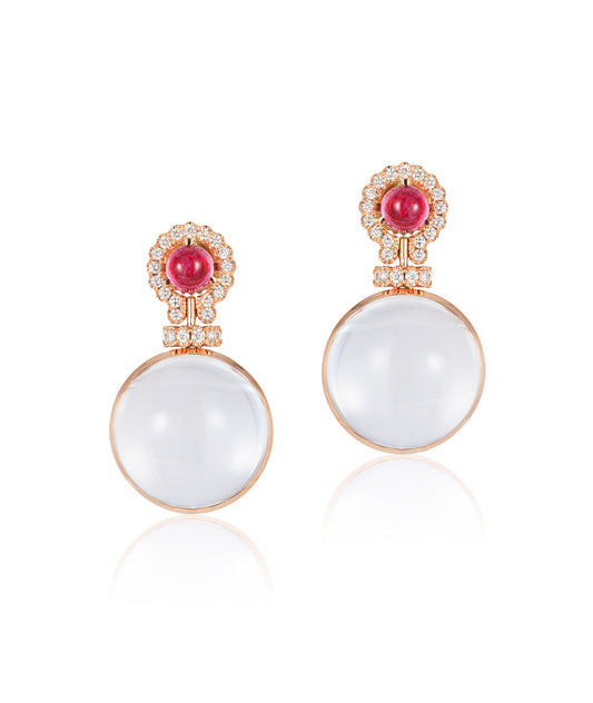 Rock Crystal Round & Rubellite Cabochon Earrings
