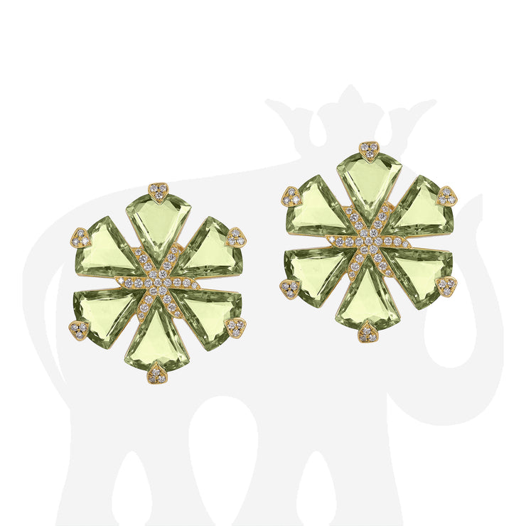 Prasiolite Fancy Trillion Flower Diamond Earrings