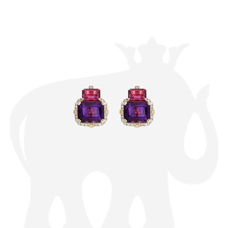 2 Stone Amethyst and Garnet Earrings with Diamonds