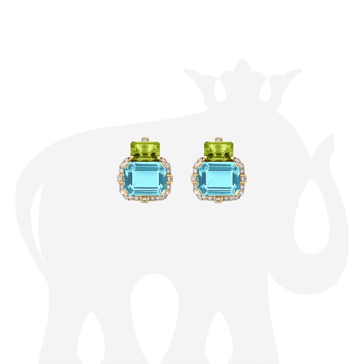 2 Stone Blue Topaz and Peridot Earrings with Diamonds