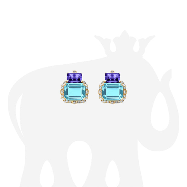 2 Stone Blue Topaz and Tanzanite Earrings with Diamonds