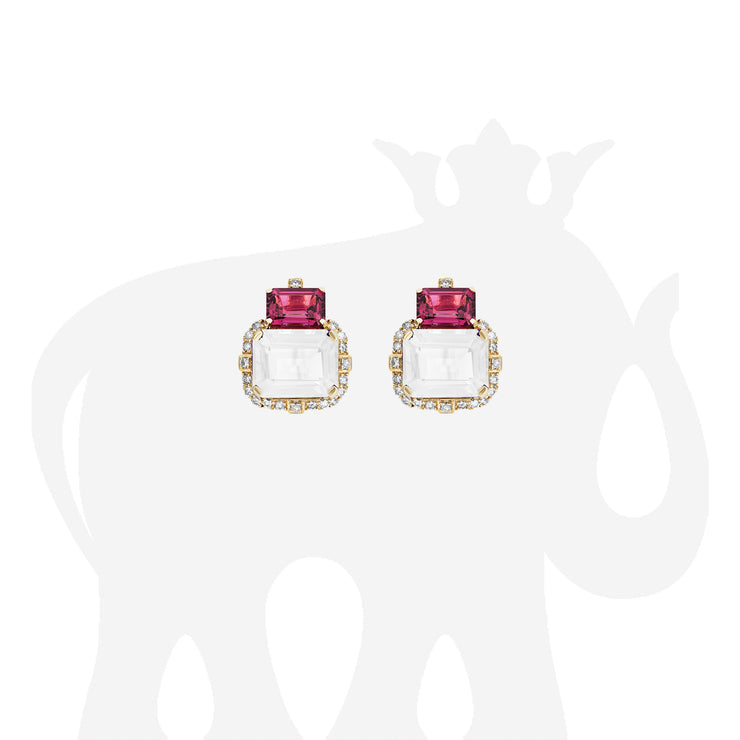 2 Stone Moon Quartz and Garnet Earrings with Diamonds