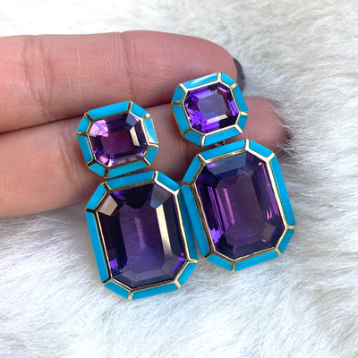 Amethyst & Turquoise Inlay Emerald Cut Earrings