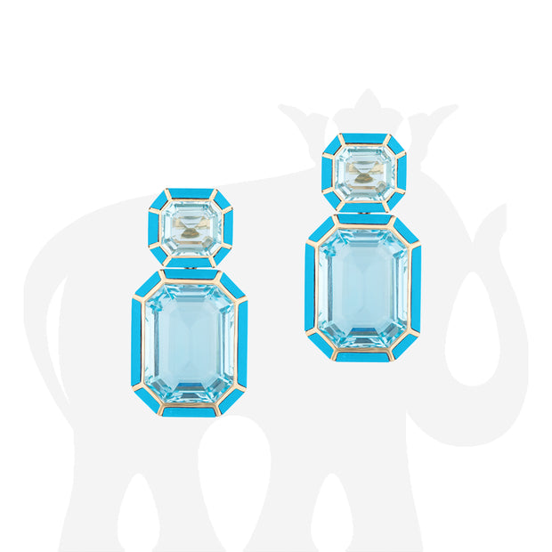 Blue Topaz with Lapis Lazuli & Turquoise Inlay Emerald Cut Earrings