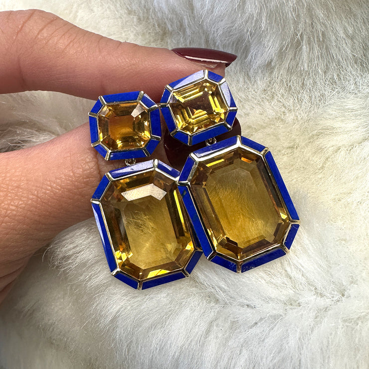 Citrine & Lapis Lazuli Inlay Emerald Cut Earrings