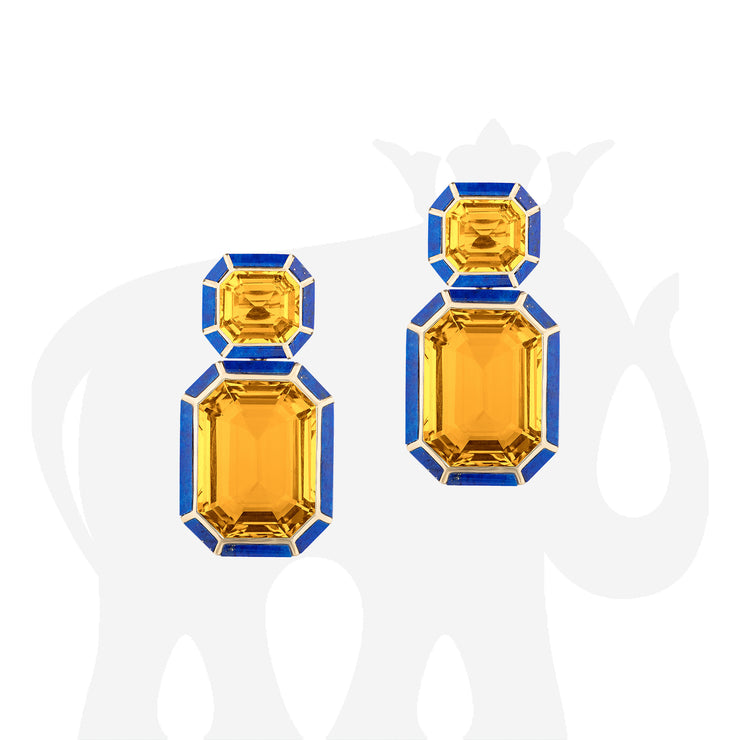 Citrine with Lapis Lazuli & Tiger's Eye Inlay Emerald Cut Earrings