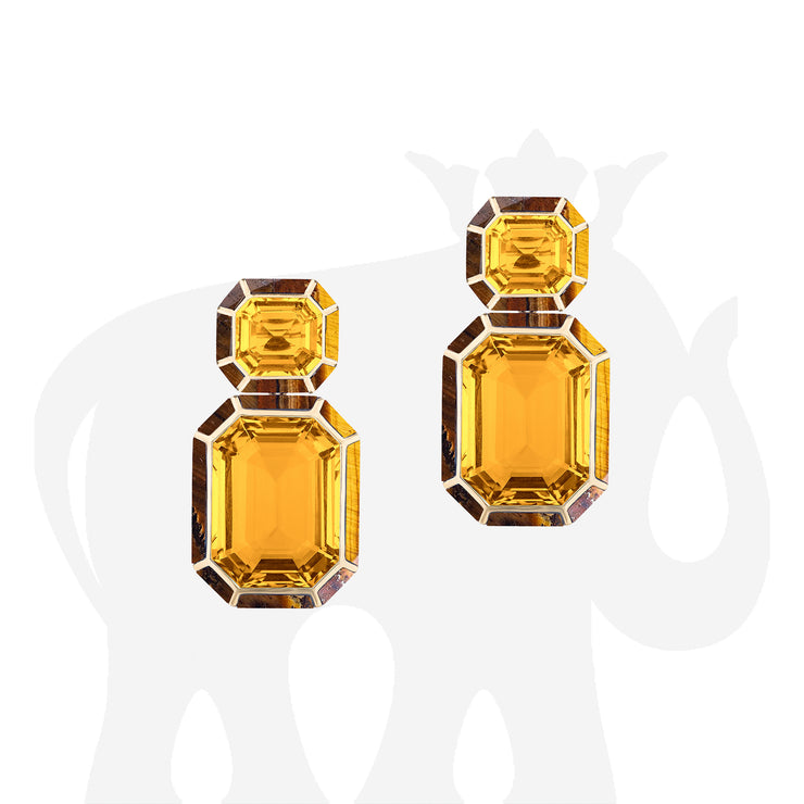 Citrine with Lapis Lazuli & Tiger's Eye Inlay Emerald Cut Earrings