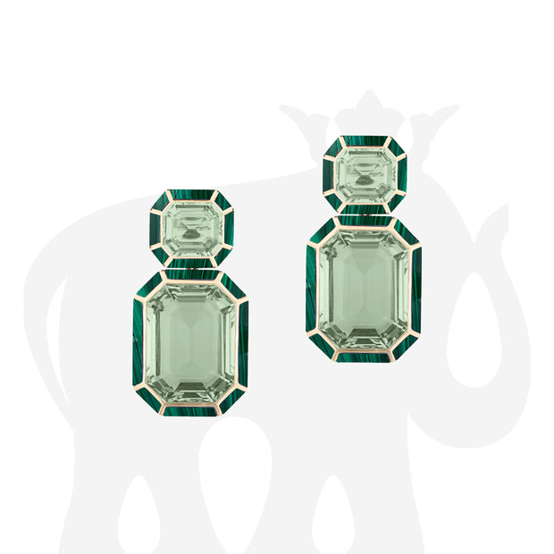 Prasiolite & Malachite Inlay Emerald Cut Earrings
