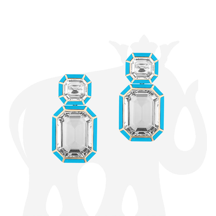 Rock Crystal with Onyx, White Agate & Turquoise Inlay Emerald Cut Earrings