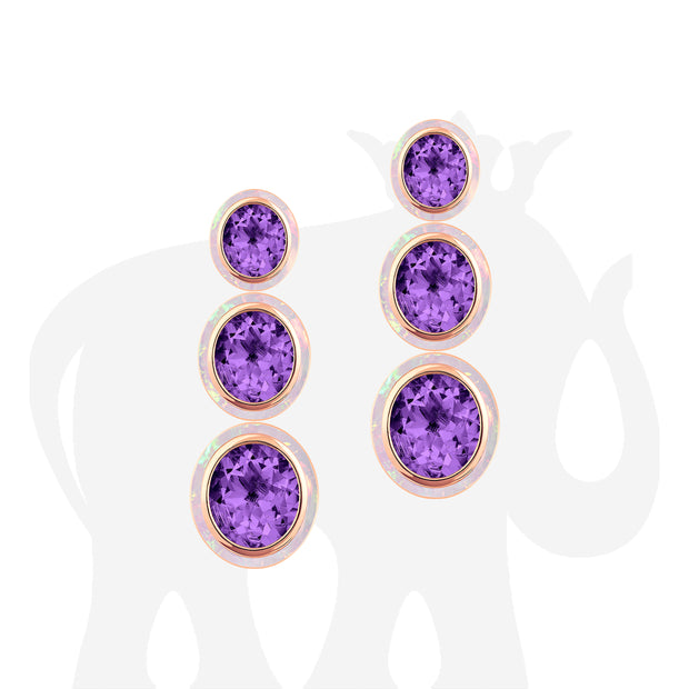 3 tier Oval Amethyst & Pink Opal Inlay Earrings