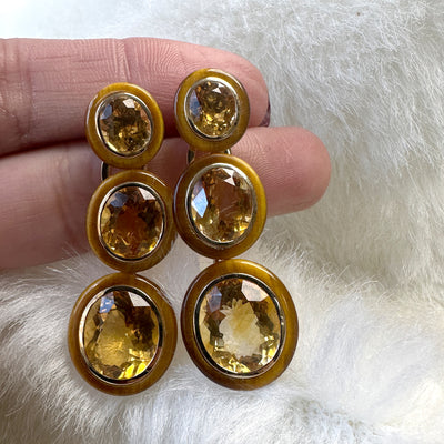3 tier Oval Citrine & Tiger's Eye Inlay Earrings