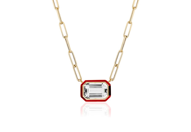 Rock Crystal East-West Pendant with Red Enamel in 18K Yellow Gold