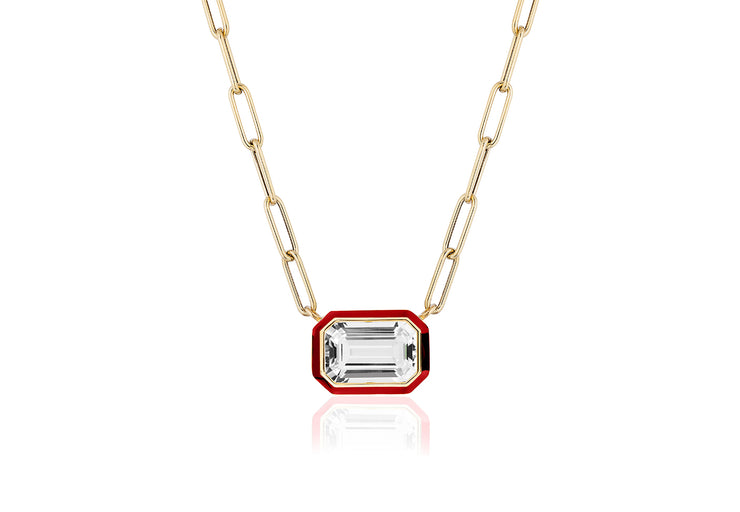 Rock Crystal East-West Pendant with Red Enamel in 18K Yellow Gold