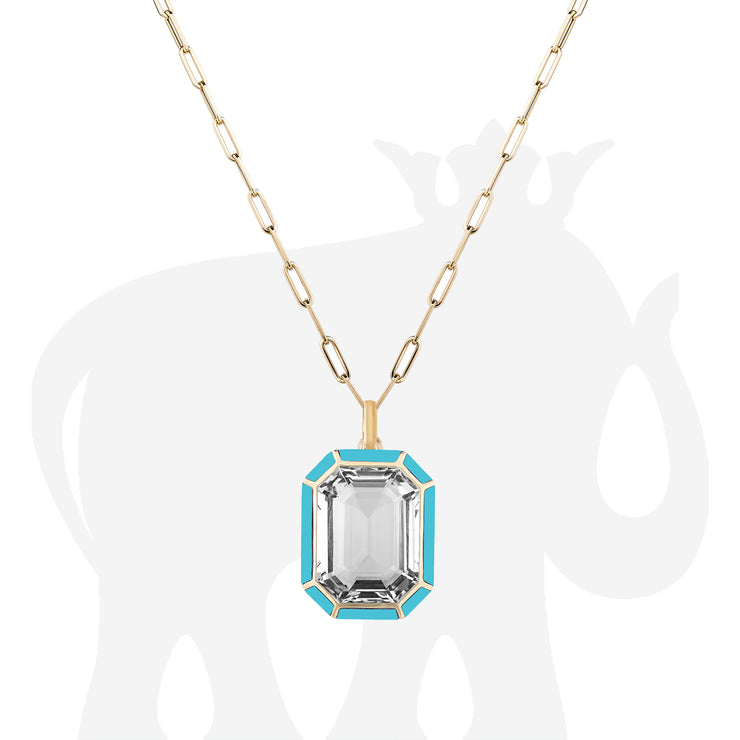 Rock Crystal with Onyx, White Agate & Turquoise Inlay Emerald Cut Pendant