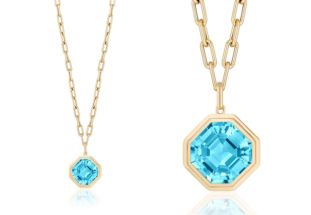 Manhattan Asscher Cut Bezel Set Pendant in Blue Topaz, London Blue Topaz, Prasiolite & Rock Crystal