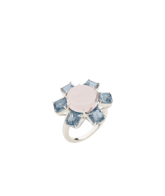 Moon Quartz Cabochon Ring with Blue Topaz