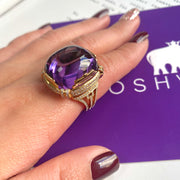 Amethyst Large Cushion Cabochon with Diamonds Ring