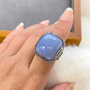 Blue Chalcedony Large Cushion Cabochon with Diamonds Ring