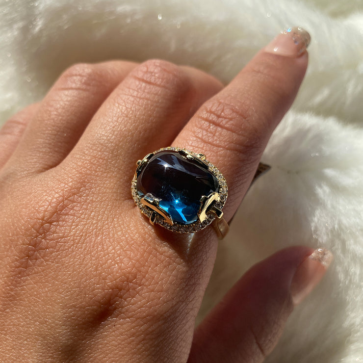 Blue Topaz, Blue Chalcedony & London Blue Topaz East-West Cushion Cabochon Ring