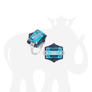 Blue Topaz Emerald Cut with Pink Sapphires, Blue Sapphire & Diamonds Ring