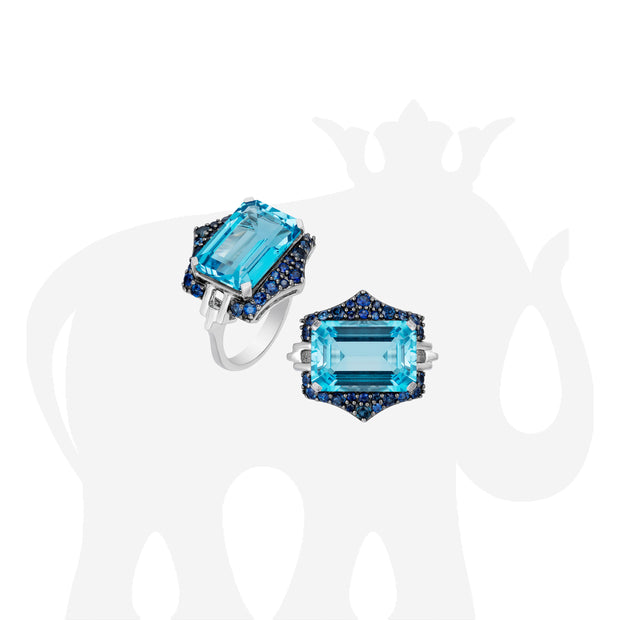 Blue Topaz Emerald Cut with Pink Sapphires, Blue Sapphire & Diamonds Ring