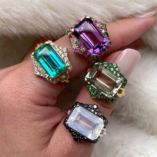 Amethyst Emerald Cut with Pink Sapphire, Tsavorite & Diamonds Ring