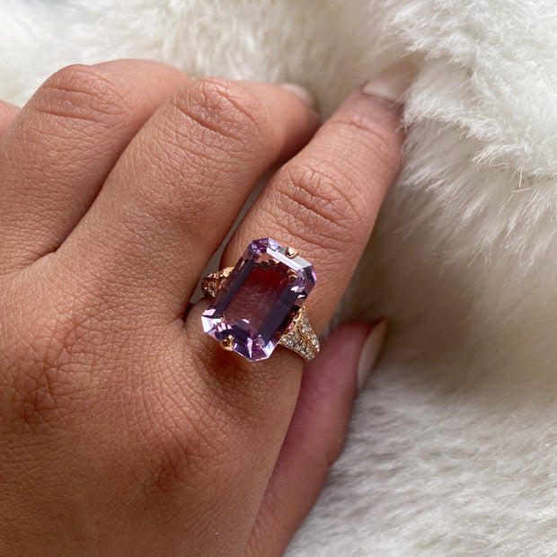 Lavender Amethyst, Citrine, Rock Crystal with Diamonds Emerald Cut Ring