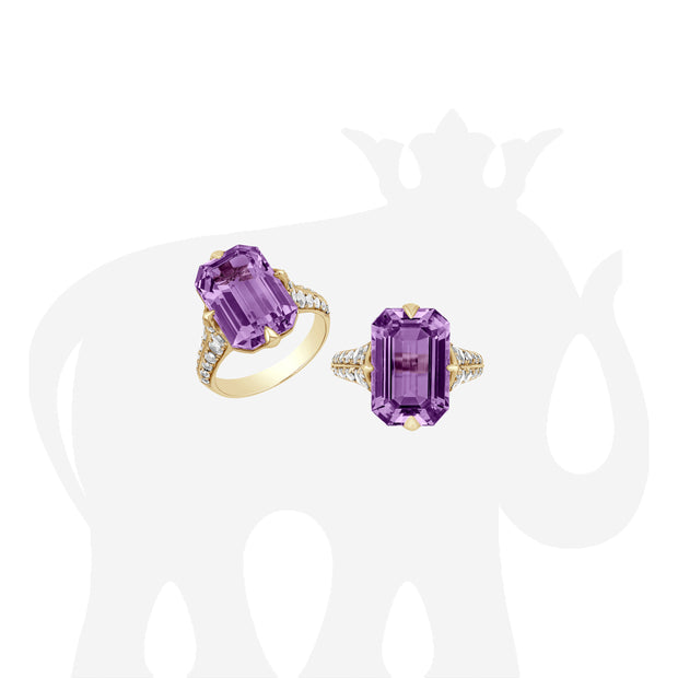 Amethyst Emerald Cut with Pink Sapphire & Diamonds Ring
