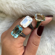 Prasiolite with Tsavorites & Diamonds Emerald Cut Ring
