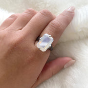 Moon Quartz Emerald Cut Ring with Black Diamonds