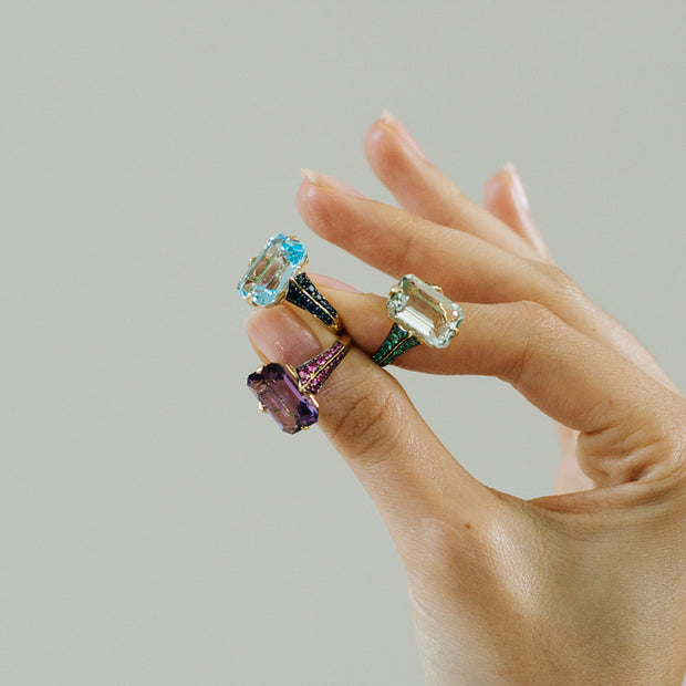 Prasiolite with Tsavorites & Diamonds Emerald Cut Ring
