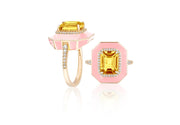 Citrine Emerald Cut Ring with Pink Enamel and Diamonds