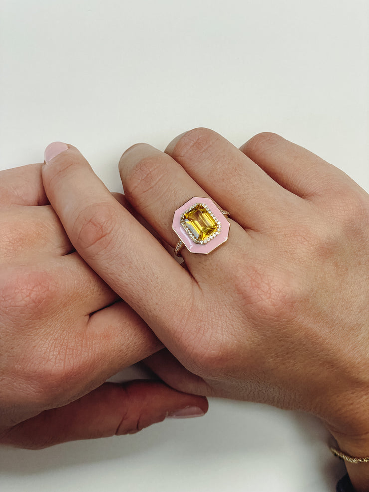 Citrine Emerald Cut Ring with Pink Enamel and Diamonds