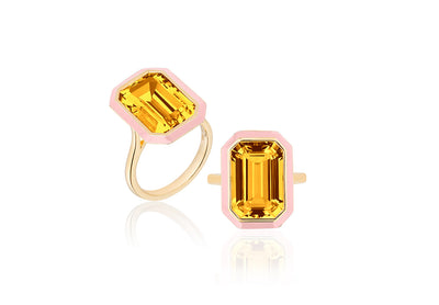 Citrine Emerald Cut Ring with Pink Enamel