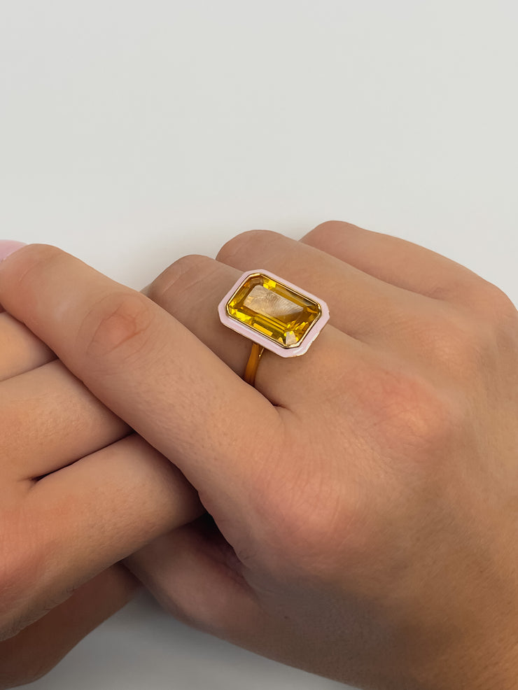 Citrine Emerald Cut Ring with Pink Enamel