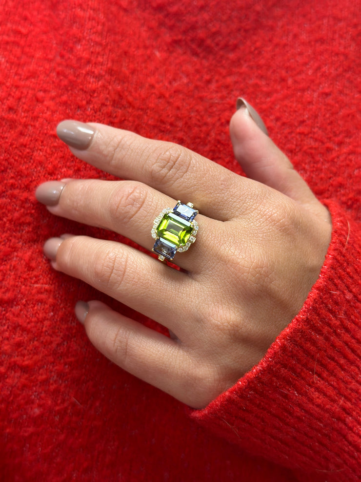'Gossip' Peridot & Iolite 3 Stone Emerald Cut Ring With Diamond In 18K Yellow Gold