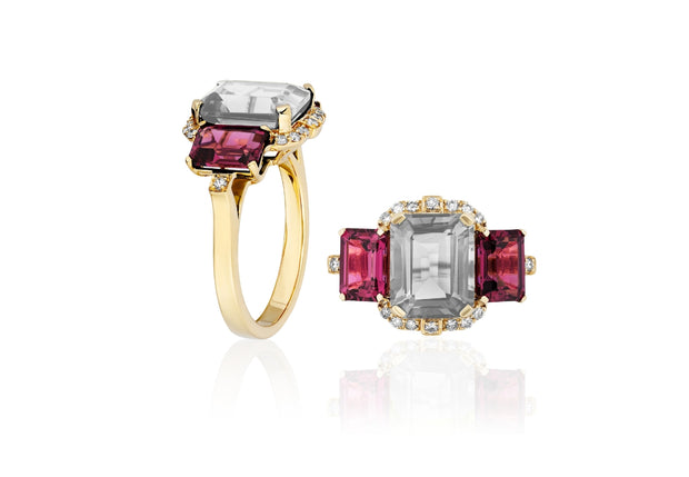 3 Stone Rock Crystal & Rubellite Emerald Cut Ring with Diamonds