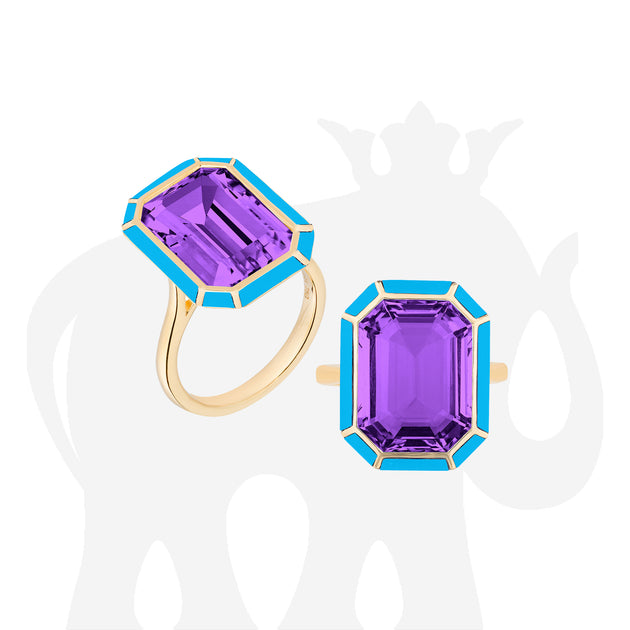 Amethyst with Pink Opal & Turquoise Inlay Emerald Cut Ring – Goshwara