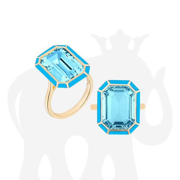 Blue Topaz & Turquoise Inlay Emerald Cut Ring