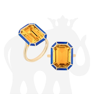Citrine & Lapis Lazuli Inlay Emerald Cut Ring