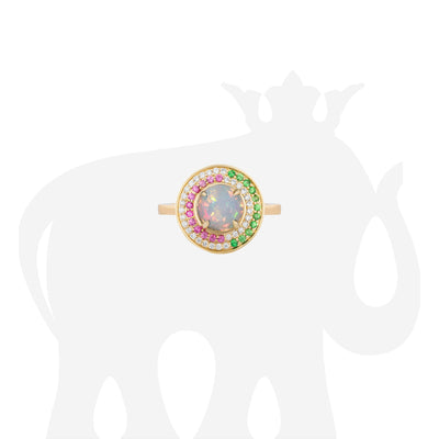 Round Opal Ring with Pink Sapphire, Tsavorites & Diamonds
