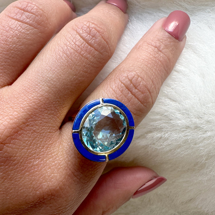 Blue Topaz & Lapis Lazuli Inlay Oval Ring